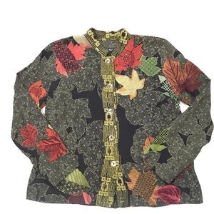 Citron Santa Monica Small 100% Silk Blouse Leaf Pattern Long Sleeve.